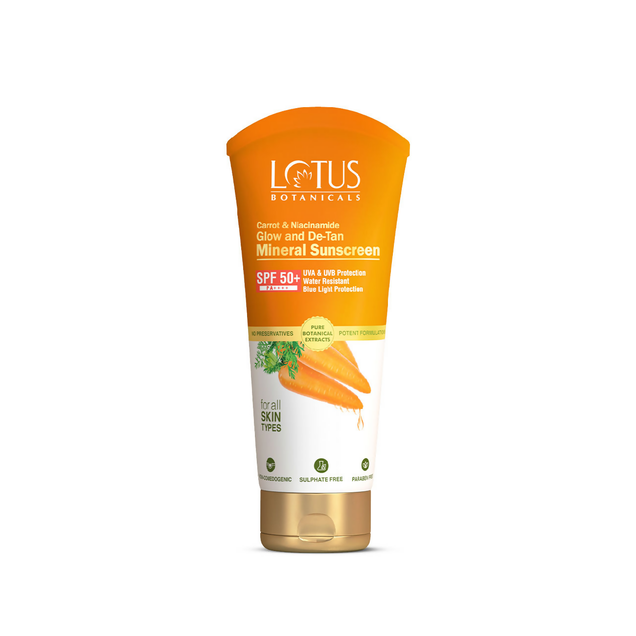 Lotus Botanicals Carrot & Niacinamide Glow and De-Tan Mineral Sunscreen, SPF 50+, PA++++ | Swadesiicart
