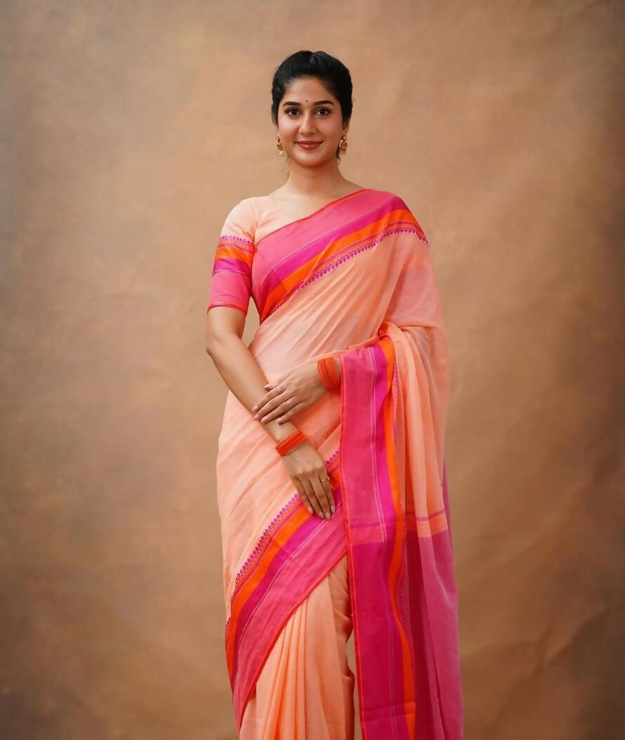 Exclusive Collection Light Orange Beautiful Khadi Cotton Handloom Saree - Swadesiicart
