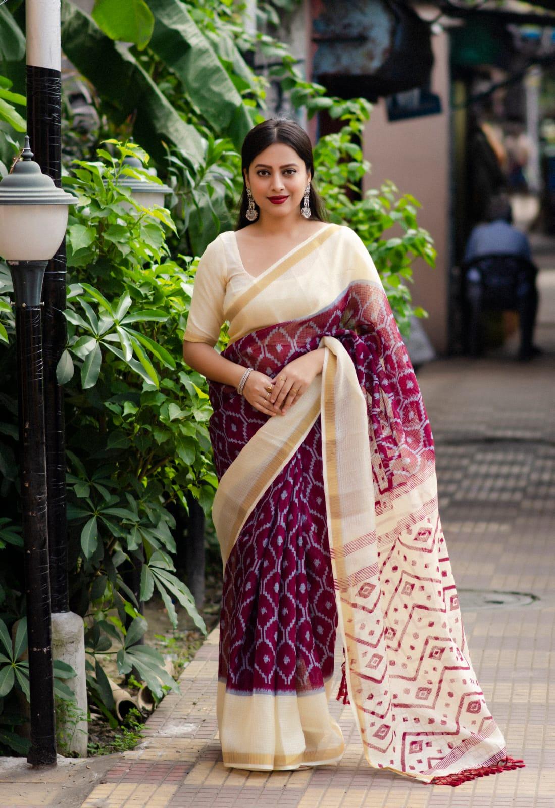 Maroon Polycotton Ethnic Motifs Saree with Unstitched Blouse - Hiral Fashion | Swadesiicart