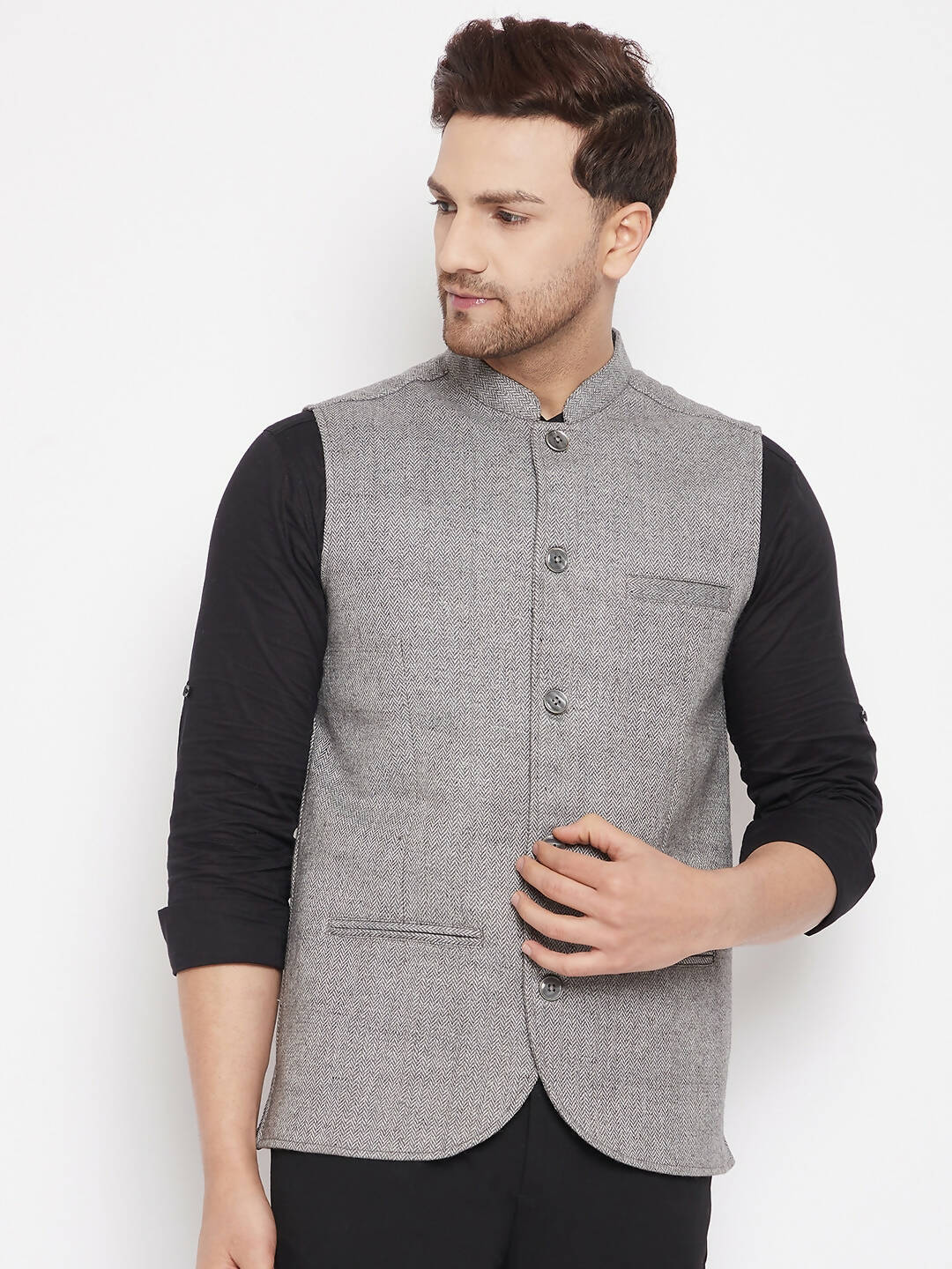 Even Apparels Grey Wool Men Woven Nehru Jacket WL730 | Swadesiicart