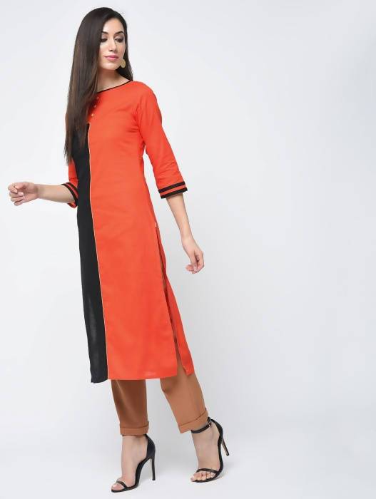 Aniyah Cotton Block Orange Straight Kurta (AN-124K) - Swadesiicart