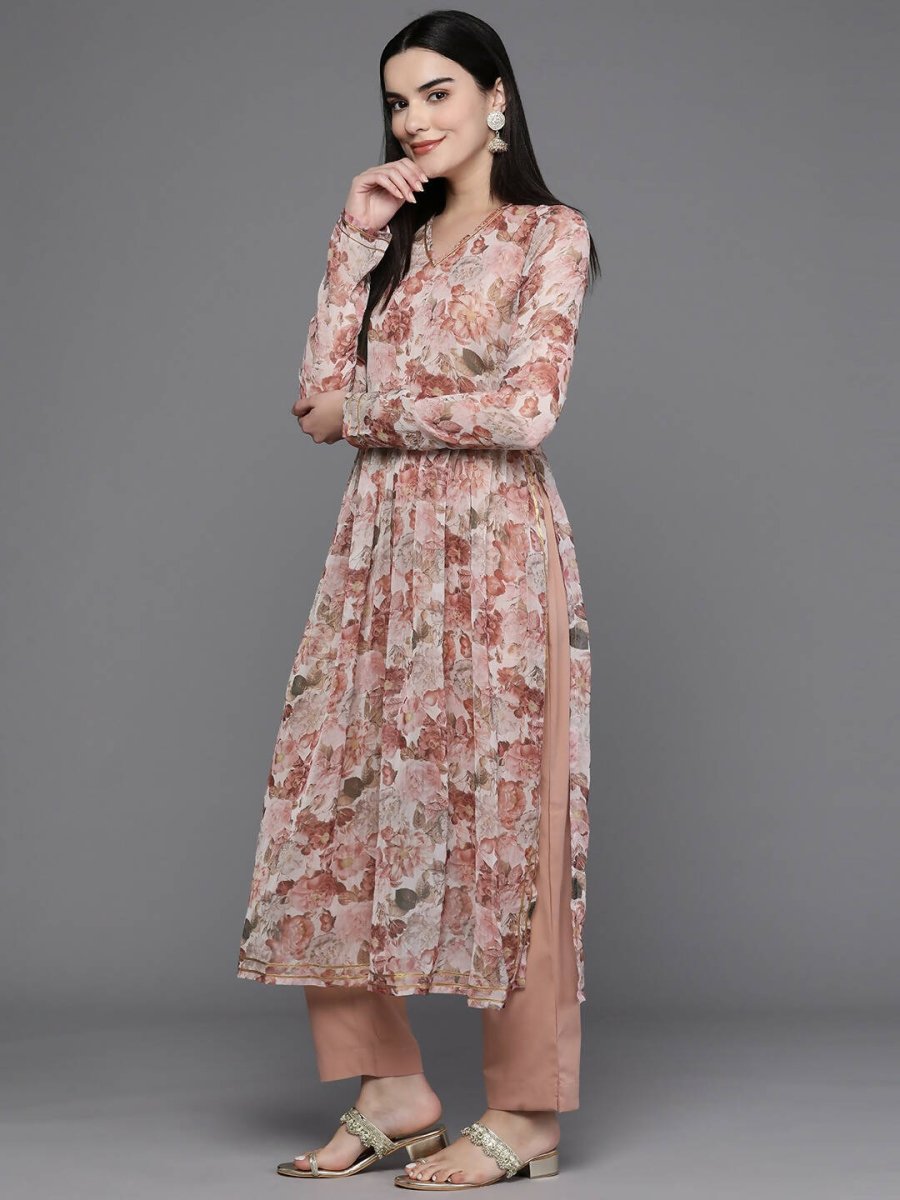 Ahalyaa Women Floral Printed Pleated Gotta Patti Kurta with Trousers - Brown Color | Swadesiicart