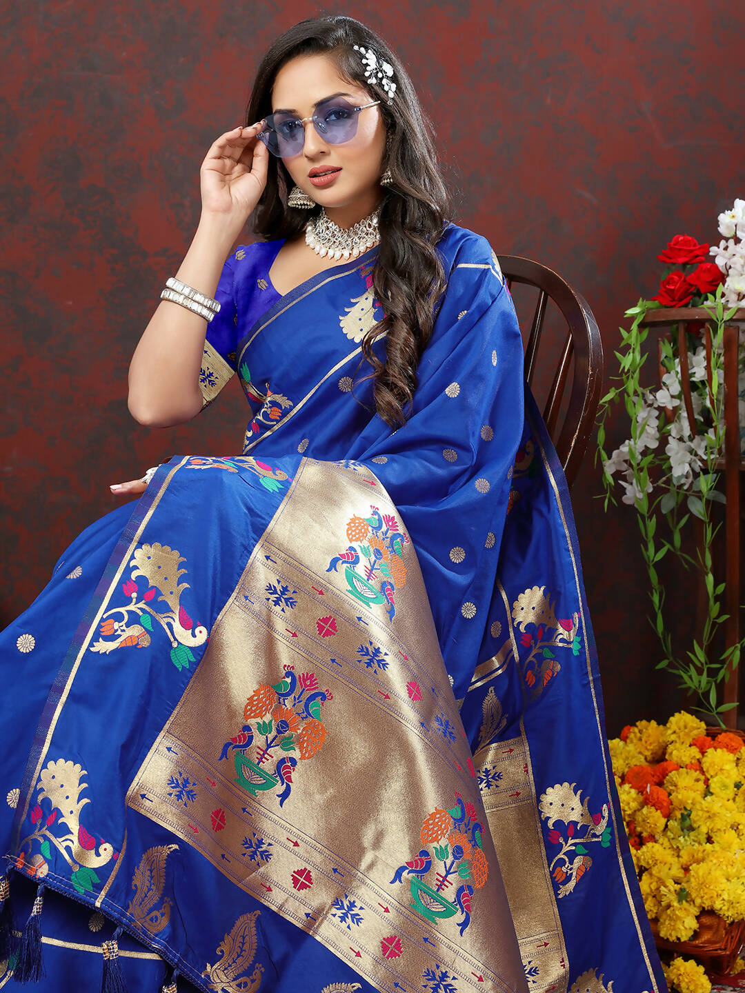 Lorenvalley Fashion Blue Soft Paithani Silk Woven Design Gold Zari Meenakari Weaving Saree - Swadesiicart