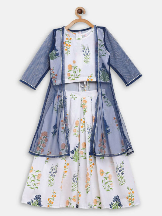 Ahalyaa Off White Cotton Printed Kids Top and Palazzo With Net Jacket For Girls | Swadesiicart