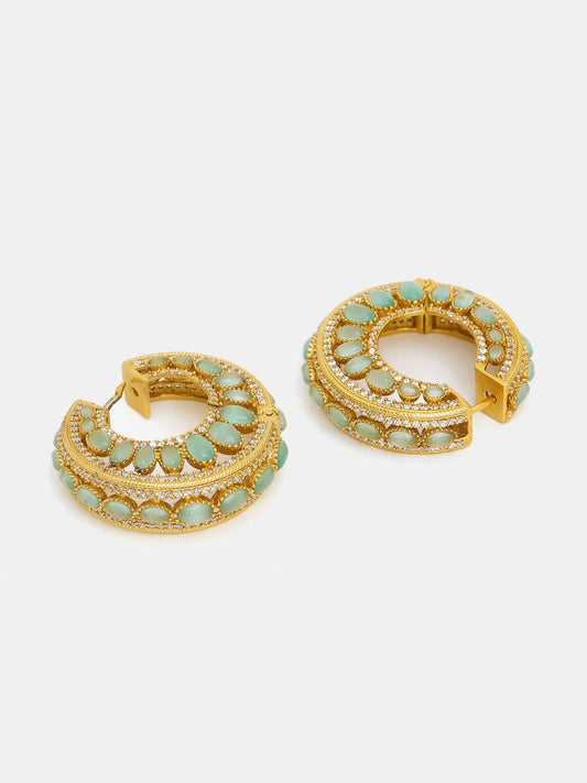 Ruby Raang Gold Polished Green Round Kundan Loops | Swadesiicart