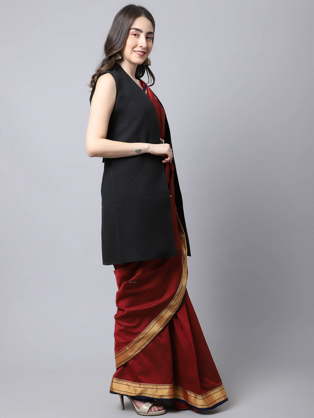 Even Apparels Black Polywool Open Front Women's Long Coat | Swadesiicart