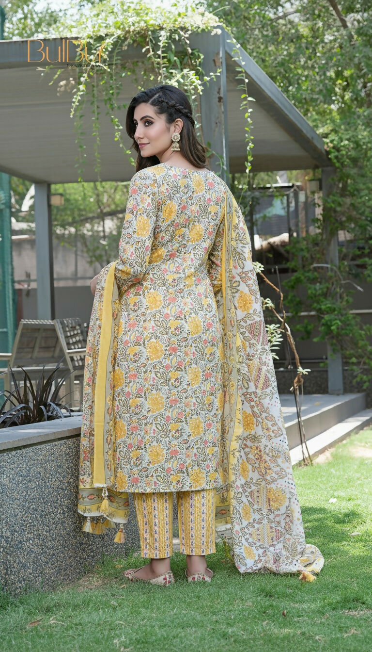 BulBul Fashionista Mustard Cotton Kurta Set with Dupatta - Swadesiicart