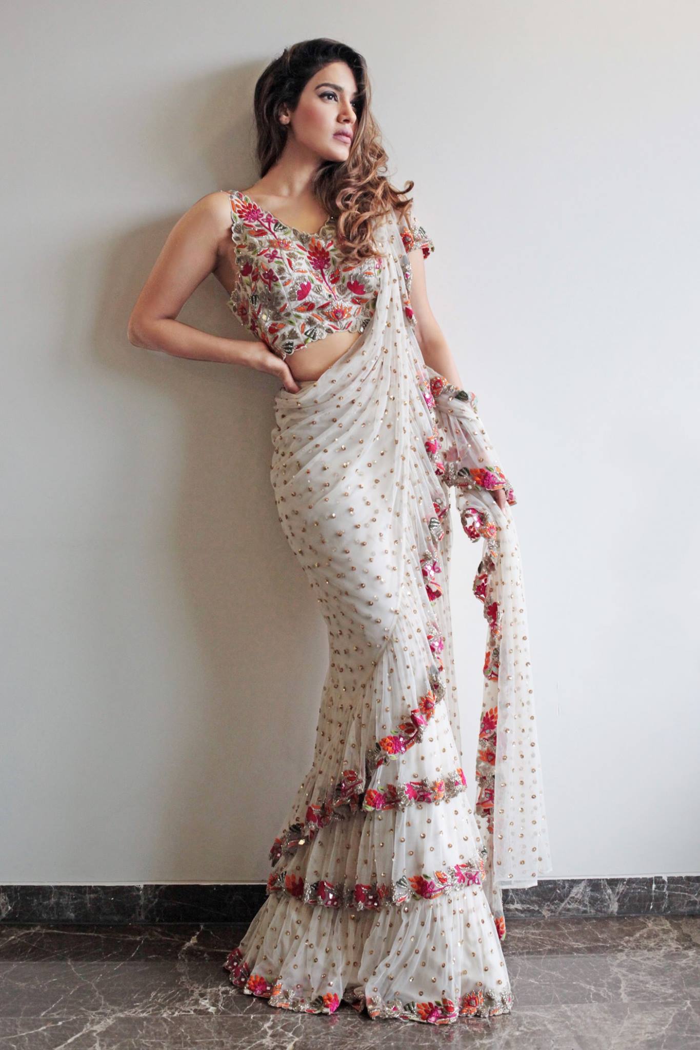 Lorenvalley Fashion White Faux Georgette Ruffle Saree with Fancy Sequence work & Blouse - Swadesiicart