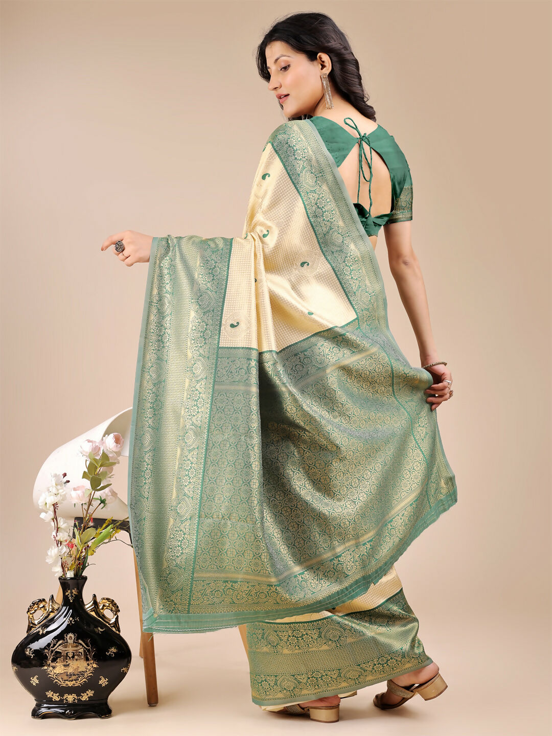 Astita Aura Silk Cream Green Banarasi Silk Saree | Swadesiicart