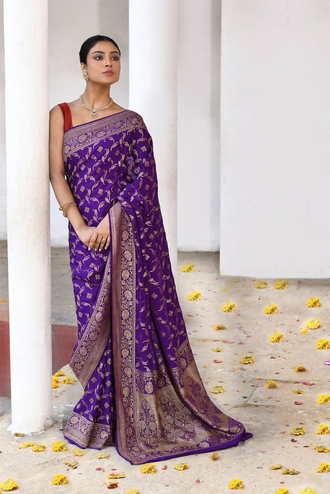 Joban Fashion Purple Crepe Chiffon Pure Handloom Banarasi Silk Saree | Swadesiicart