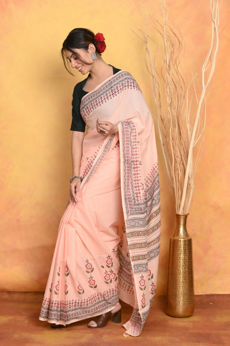 Very Much Indian Handblock Printed Cotton Saree With Natural Dyes - Peach | Swadesiicart