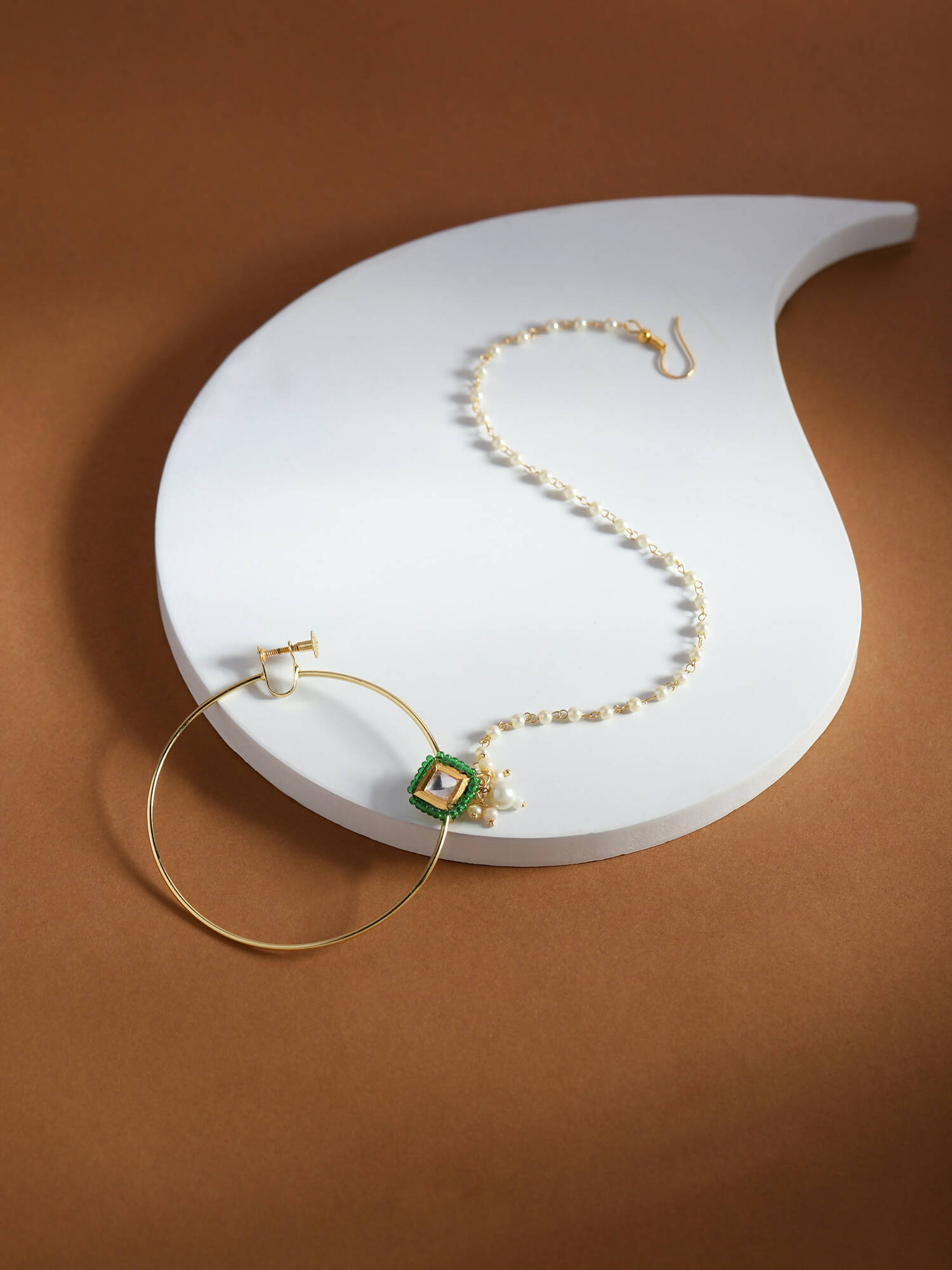 Gold-Polished Green White Kundan Studded Beaded Chained Nosepin - Ruby Raang | Swadesiicart
