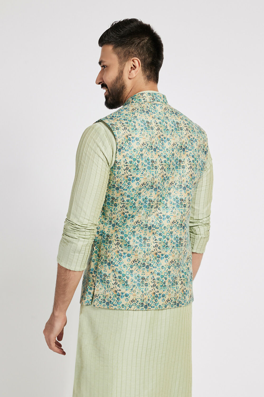 Ethnic India Blue Bundi Men's Jacket Geometric Polyester | Swadesiicart