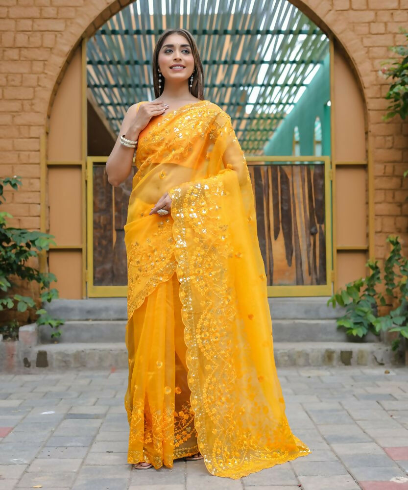 Vamsee Kiki Yellow Organza Saree - Swadesiicart