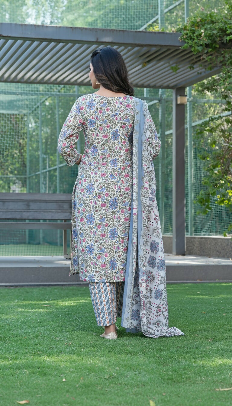 BulBul Fashionista Grey Floral Cotton Kurta Set with Dupatta - Swadesiicart
