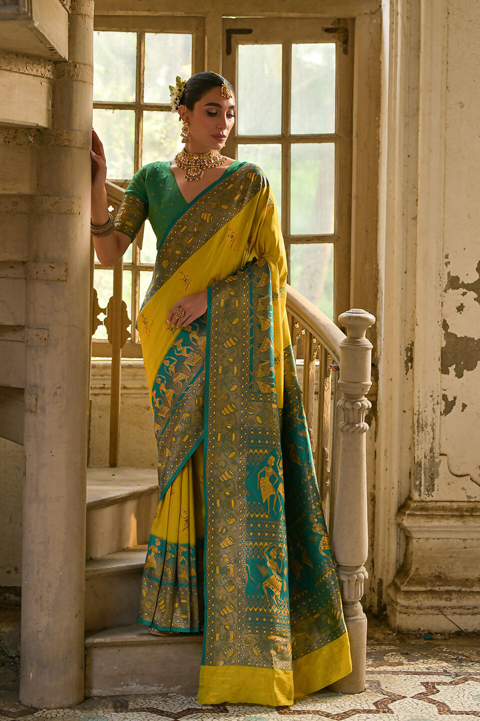 Vishnu Weaves Women's Yellow Banarasi Silk Kalamkari Zari Woven Saree with Blouse - Swadesiicart
