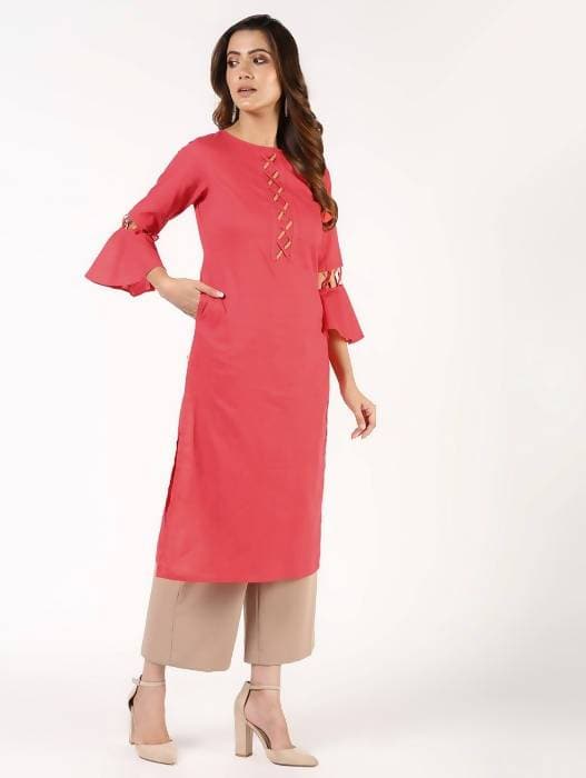 Aniyah Cotton Criss Cross Bell Sleeves Peach Straight Kurta (AN-142K) - Swadesiicart