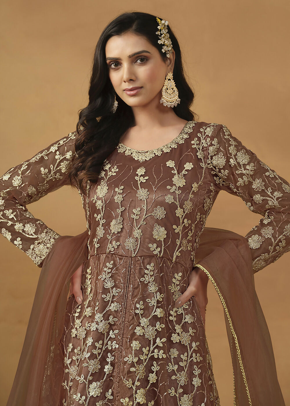 Pant Style Snuff Brown Embroidered Net Wedding Anarkali Suit - Emponline | Swadesiicart