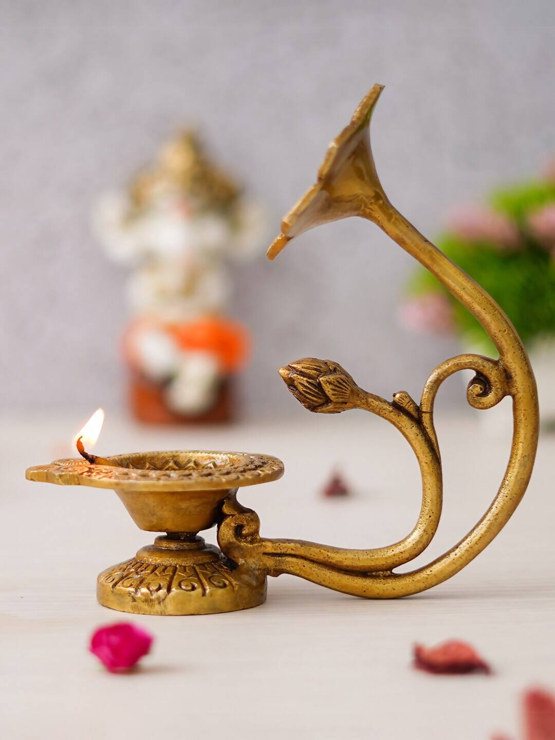 eCraftIndia Gold Toned Flower Shaped Brass Diya With Floral Handle | Swadesiicart
