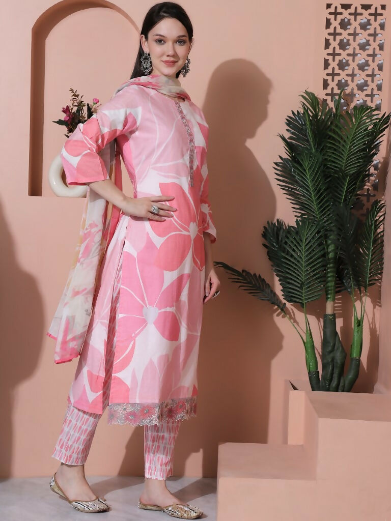 Jyoti Fashion Women's Pink Cotton Floral Digital Print & Floral Embroidered Cutwork Border Sequins Work Kurta with Trouser & Dupatta | Swadesiicart