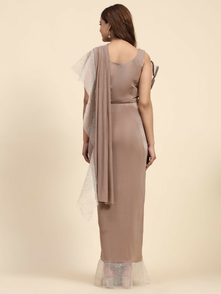 Light Brown Lycra Solid Ready to Wear Saree with stitched Blouse - Nita | Swadesiicart