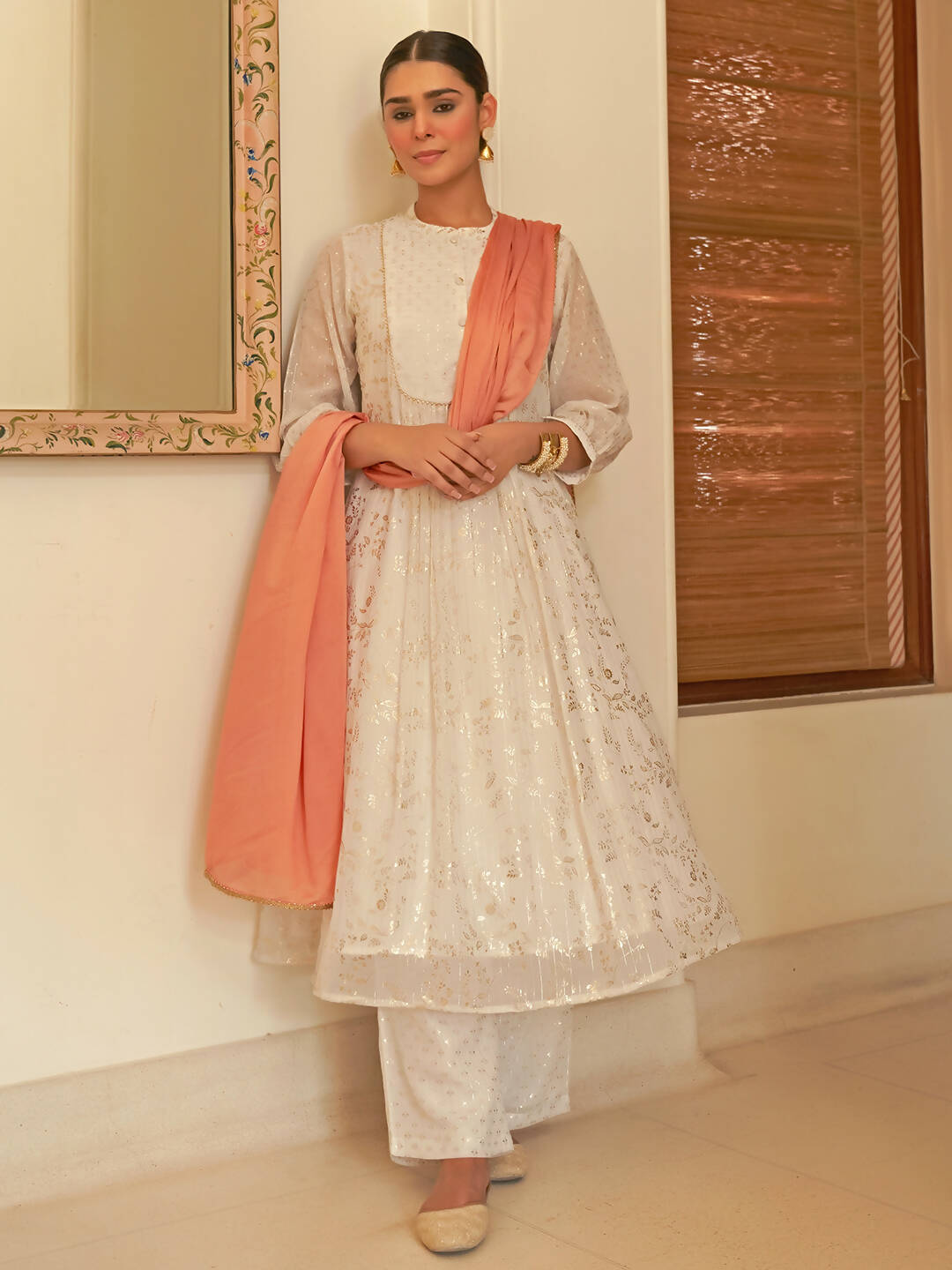 Janasya Women's White Chiffon Lurex Foil Printed Festive Flared Kurta Set | Swadesiicart