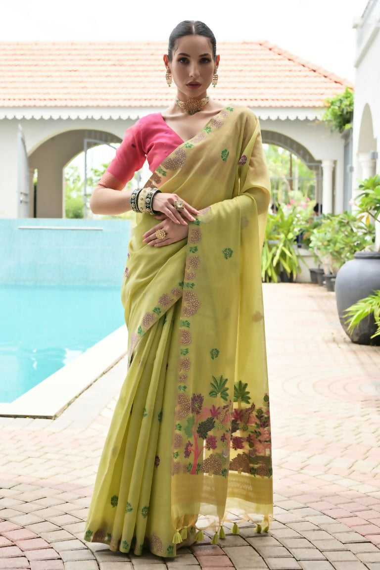 Vishnu Weaves Women's Pista Muga Cotton Thread Weaving Saree with Blouse - Swadesiicart