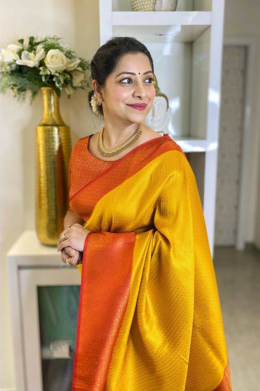 DEIANA'S Beautiful Designer Golden zari Soft Lichi Silk Saree - Yellow - Swadesiicart