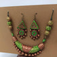 Terracotta Light Green and Gold Tribal Theme Necklace Set with Ear Hangings