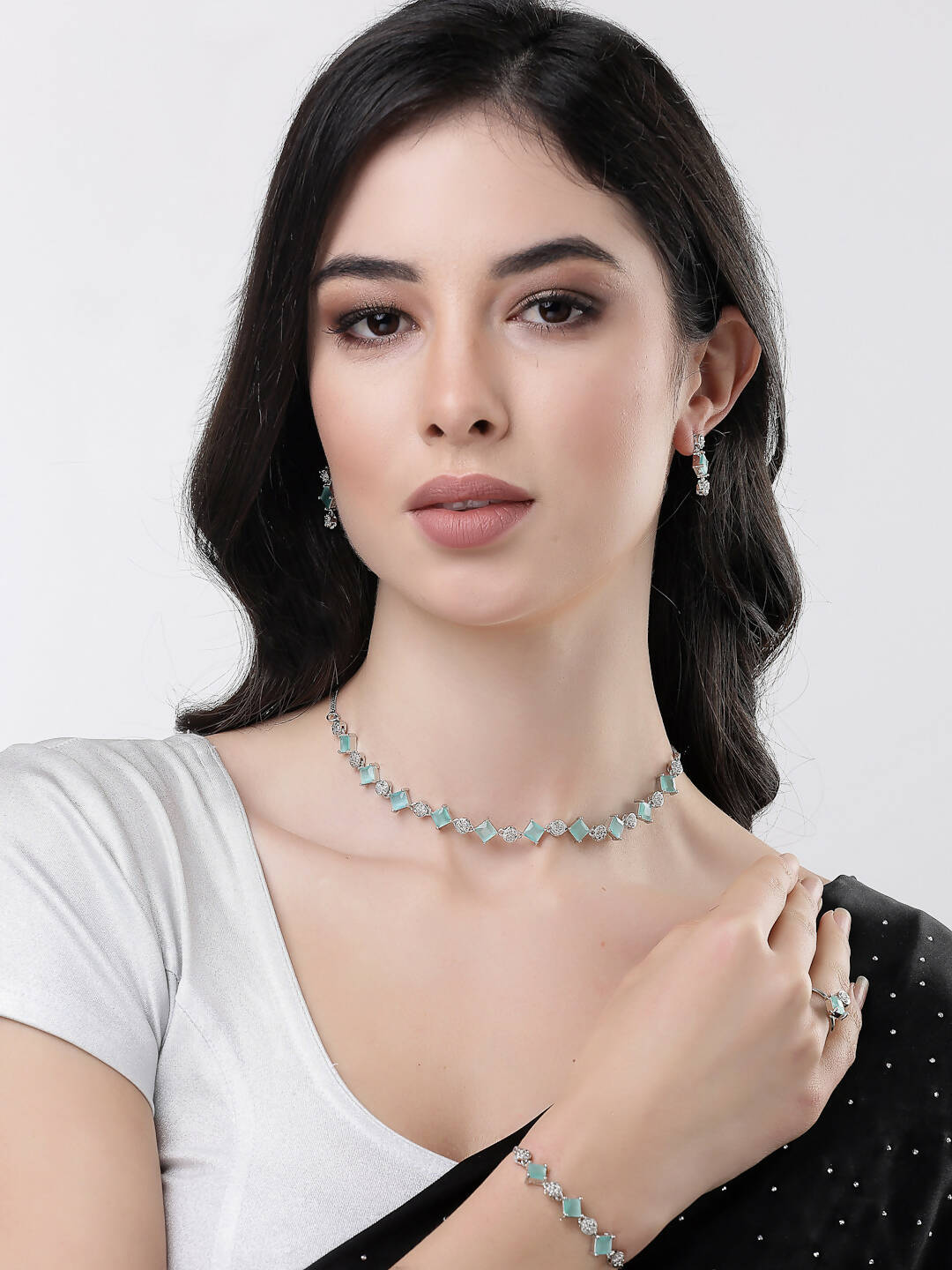 NVR Women Silver Plated & Blue Cz Stone Handcrafted Jewellery Set - Swadesiicart
