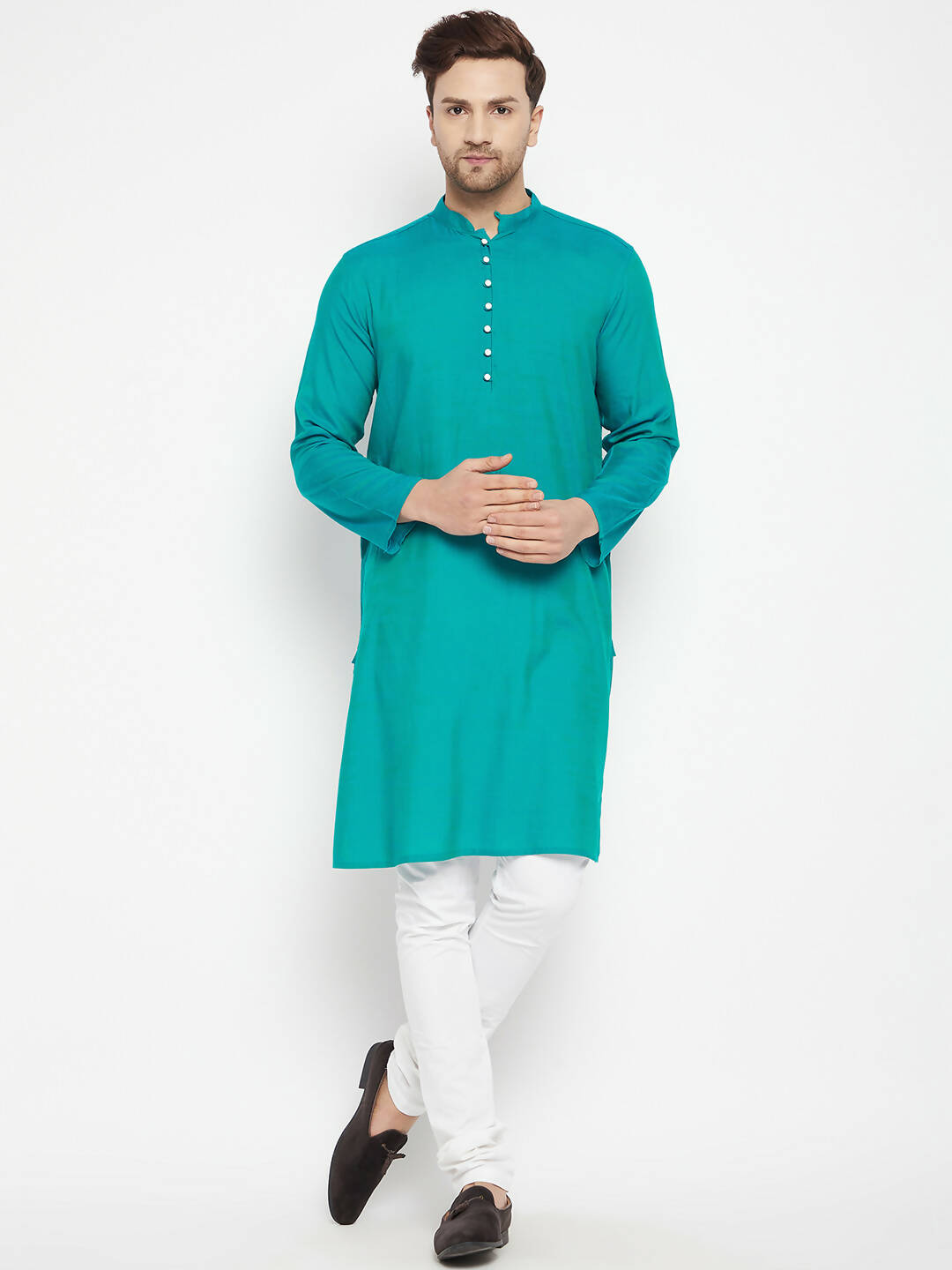 Even Apparels Blue Pure Cotton Long Men's Kurta With Band Collar | Swadesiicart