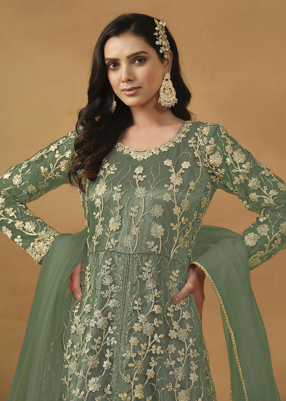Pant Style Sage Green Embroidered Net Wedding Anarkali Suit - Emponline | Swadesiicart