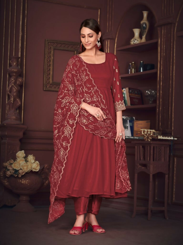 Jyoti Fashion Women's Maroon Georgette Embroidered Anarkali Kurta Pant Set With Dupatta | Swadesiicart