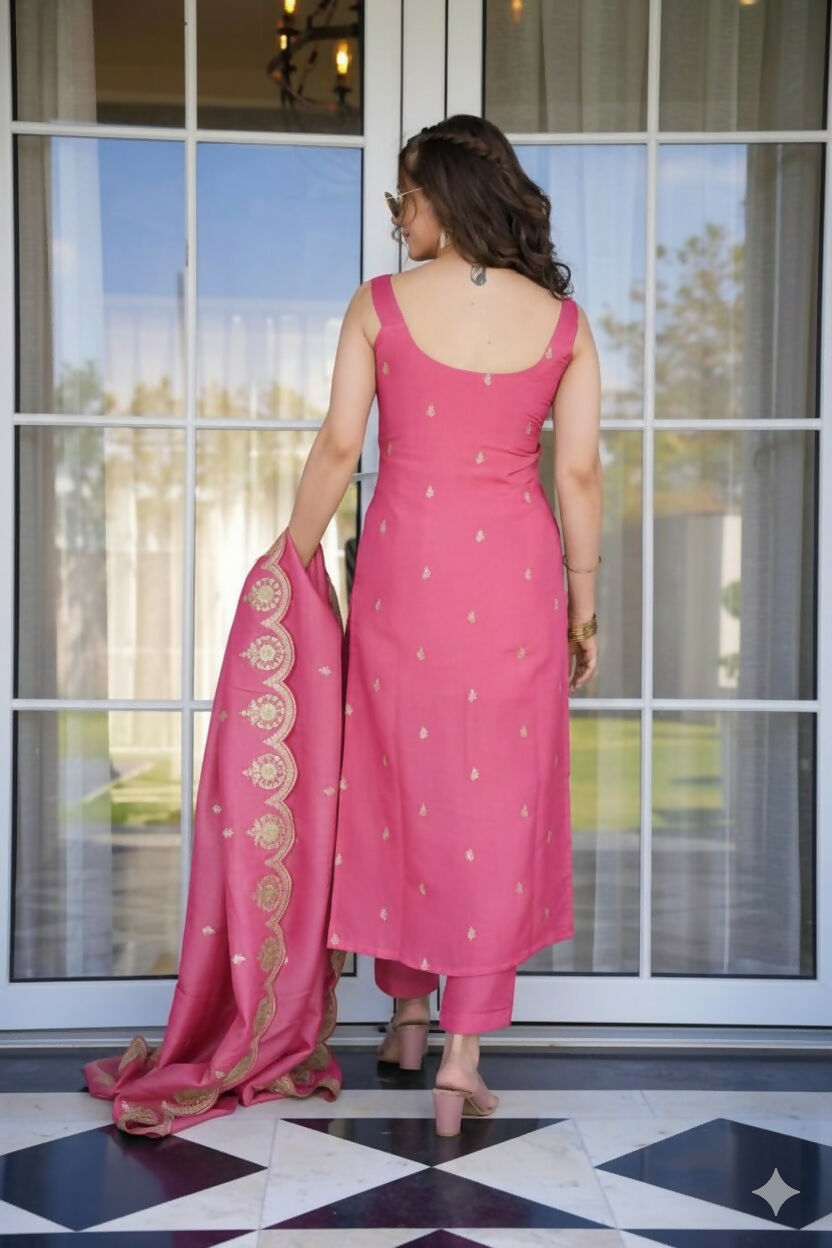 The52 Peach Women's Viscose Zari Chanderi Fabric Embroidered Work Straight Kurta, Pant and Dupatta Set - Swadesiicart