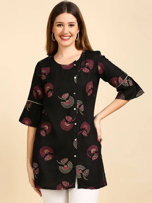 Anubhutee Black & Golden Printed Straight Kurti | Swadesiicart
