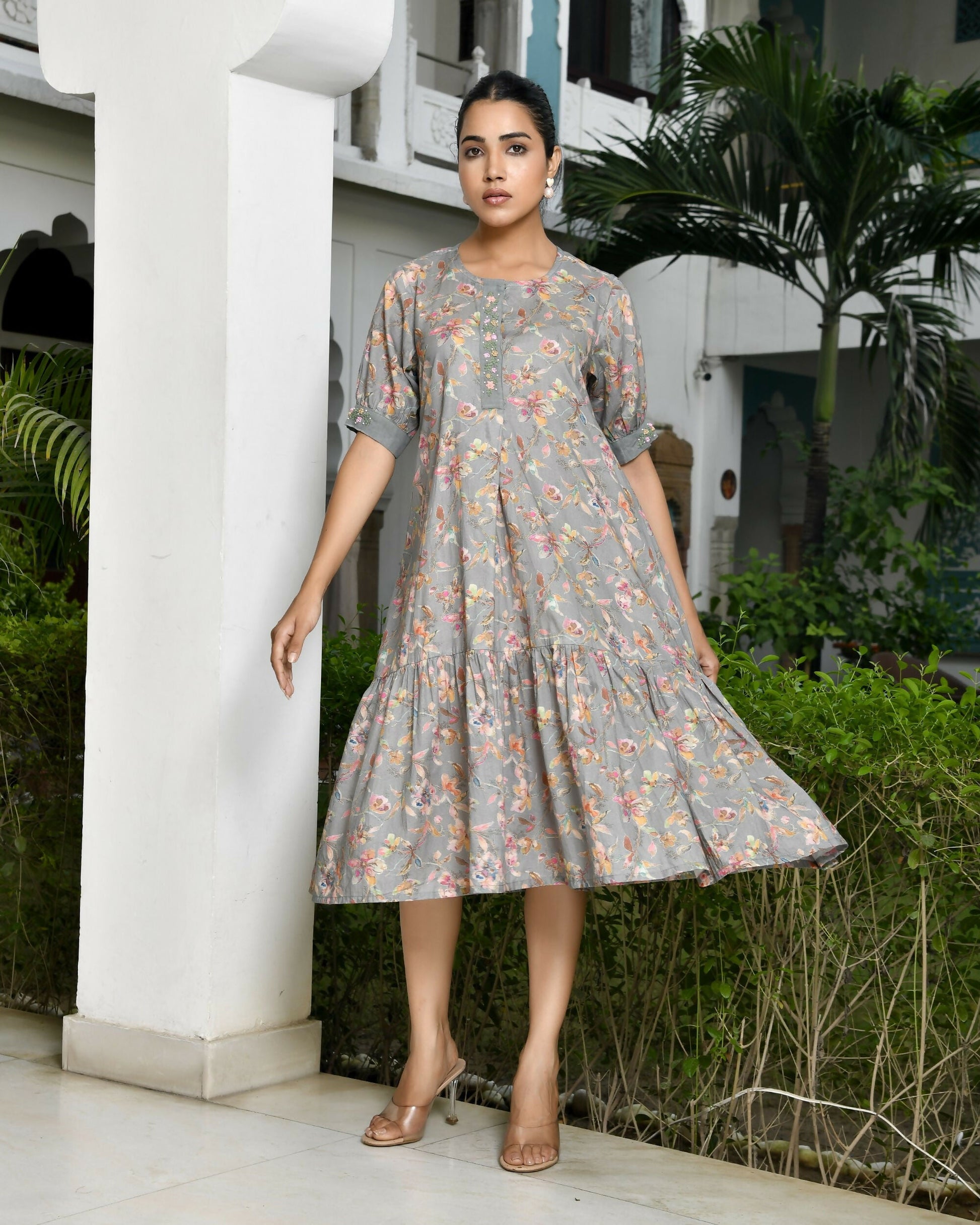 Vaasva Women's Grey Cotton Digital Printed Embroidered Placket Dress | Swadesiicart