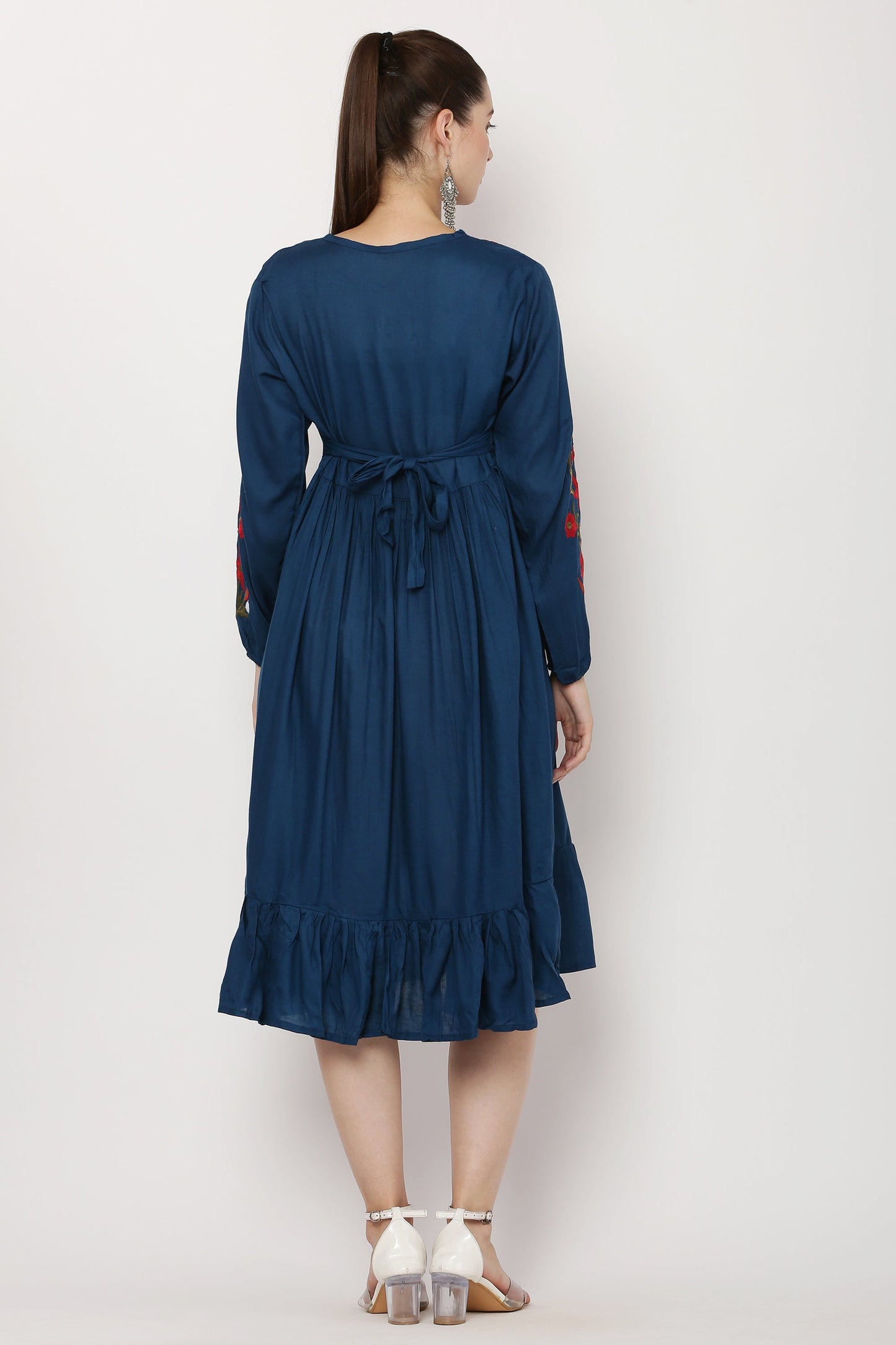 PAVONINE Navy Blue Color Flower Embroidery Dress For Women | Swadesiicart