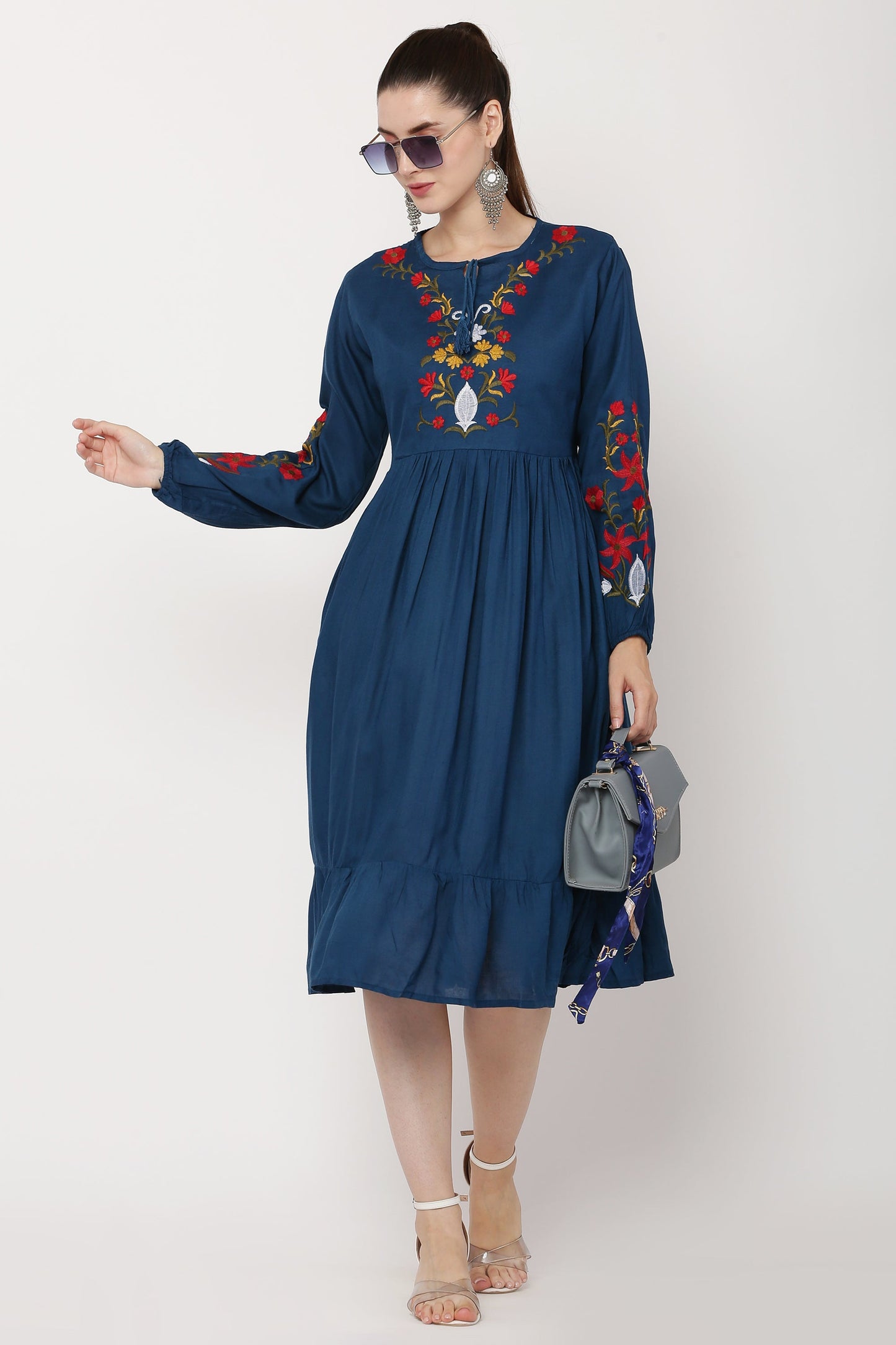 PAVONINE Navy Blue Color Flower Embroidery Dress For Women | Swadesiicart