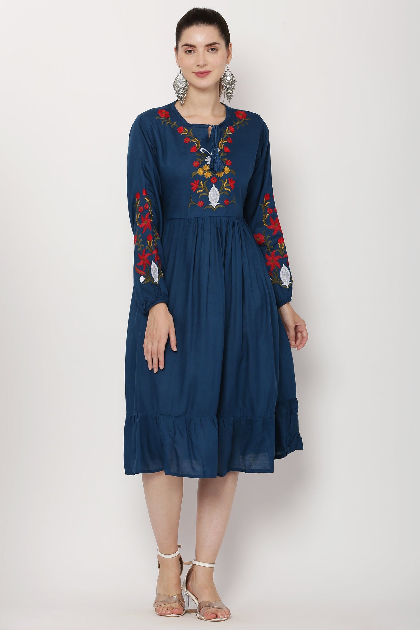 PAVONINE Navy Blue Color Flower Embroidery Dress For Women | Swadesiicart