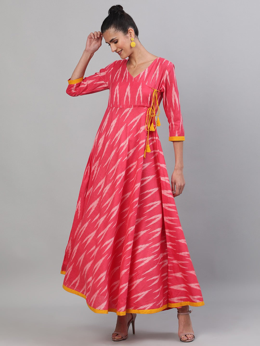 Antaran Red Cotton Flared Ikat Kurta - Swadesiicart