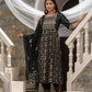 Black Cotton Cambric Printed with Sequins work Anarkali Kurta with Pant & Dupatta - Akashara