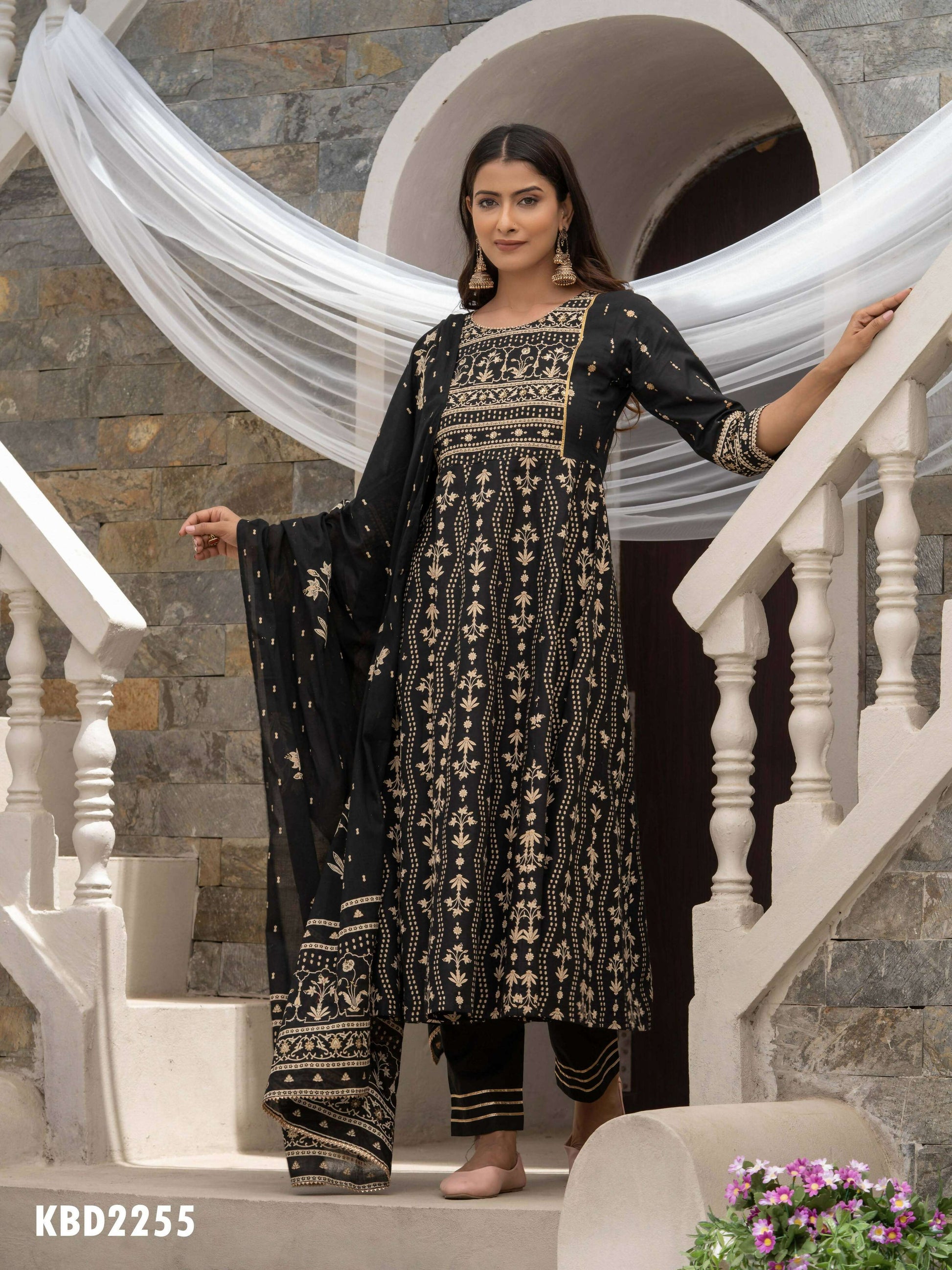 Black Cotton Cambric Printed with Sequins work Anarkali Kurta with Pant & Dupatta - Akashara
