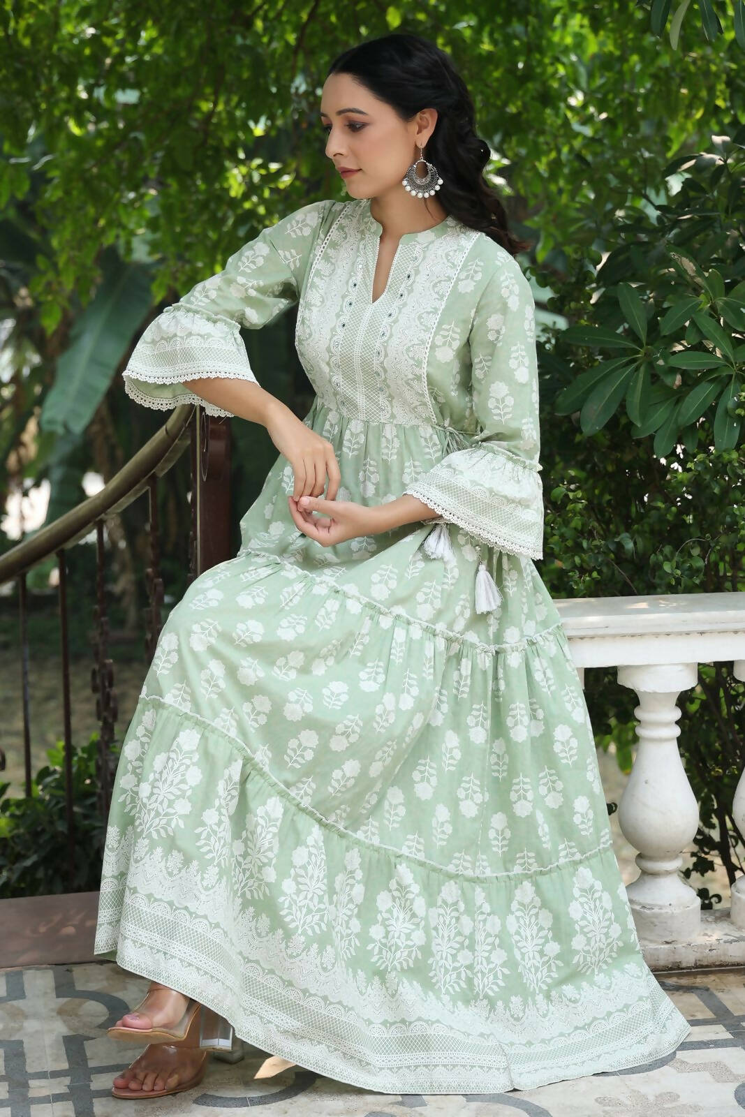 Juniper Women's Green Cambric Floral Printed Maxi Tiered Dress | Swadesiicart