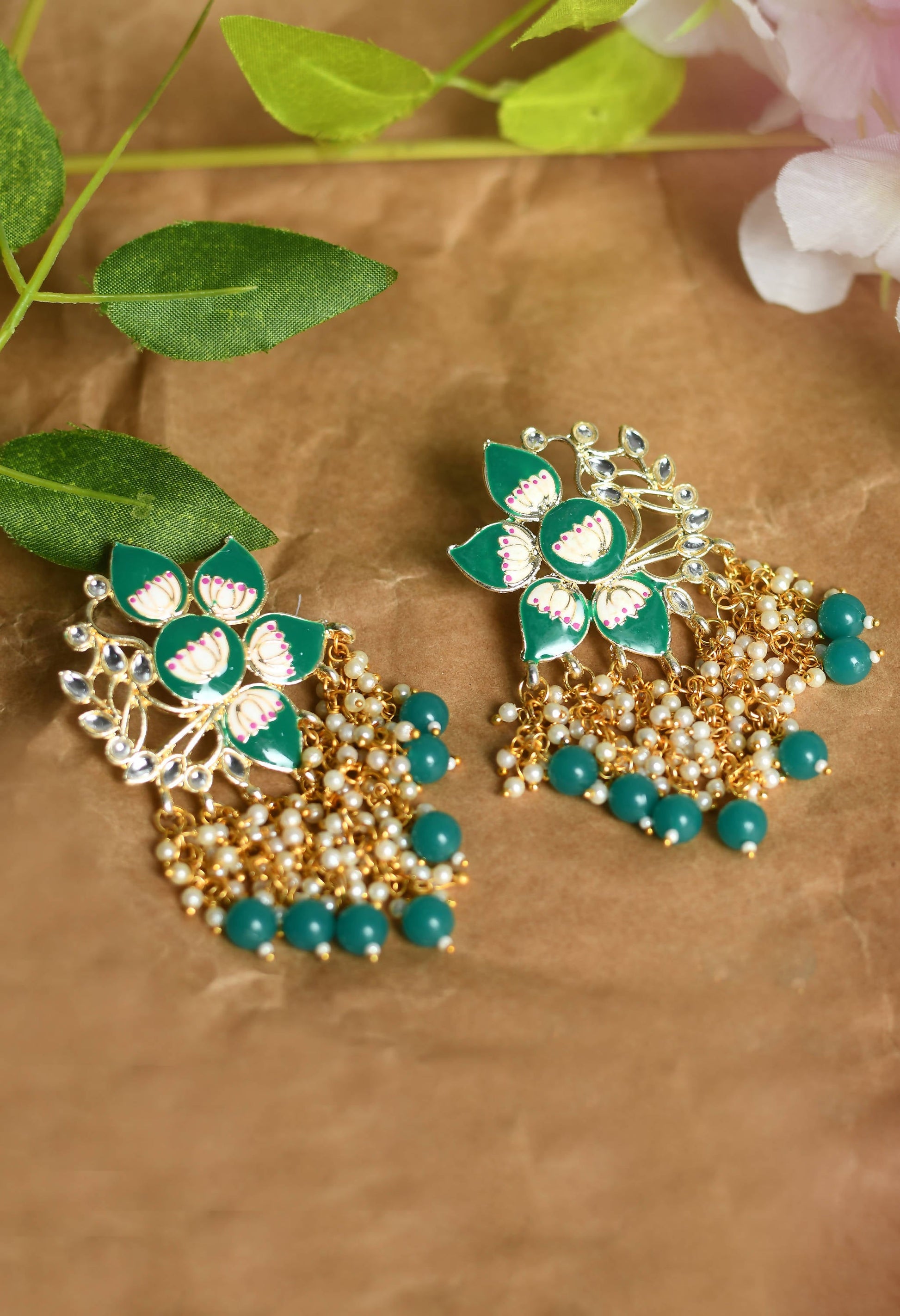 Mominos Fashion Johar Kamal Gold-Polished Kundan Green Meenakari Earrings - Swadesiicart