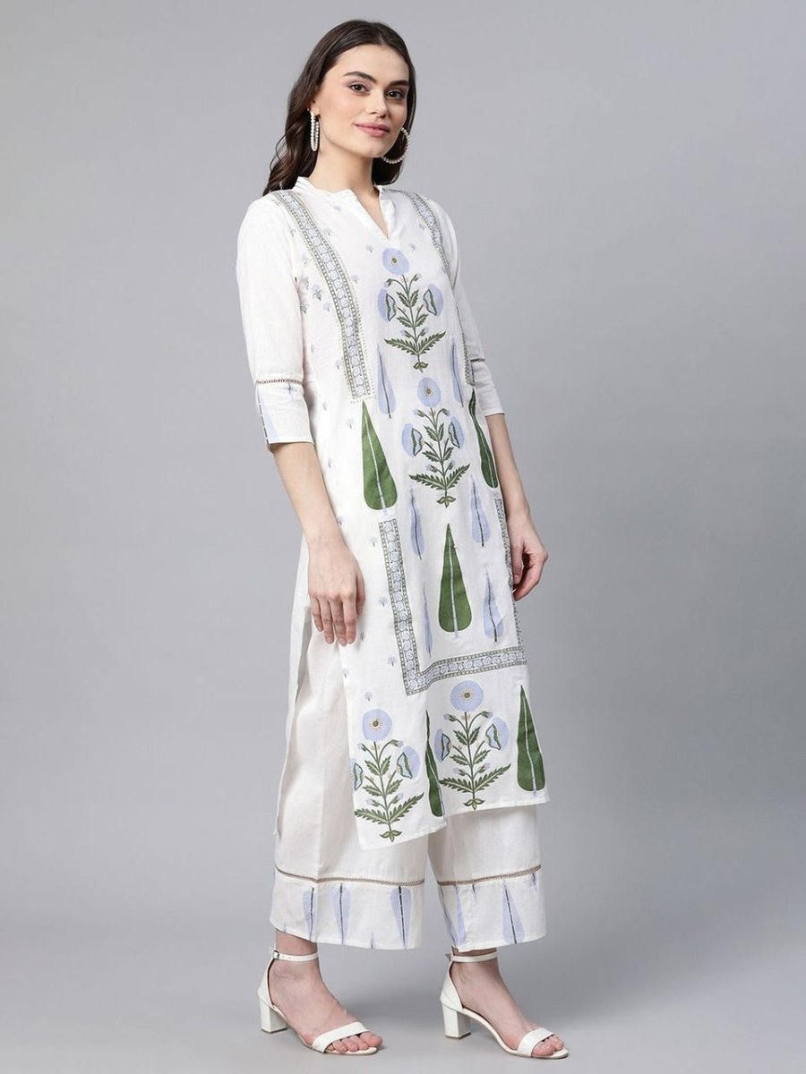 Ahalyaa Women Off White Colour Pure Cotton Printed Kurta Palazzo Set With Dupatta | Swadesiicart
