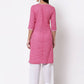 Myshka Women's Pink Cotton 3/4 Sleeve Round Neck Printed Casual Kurta
