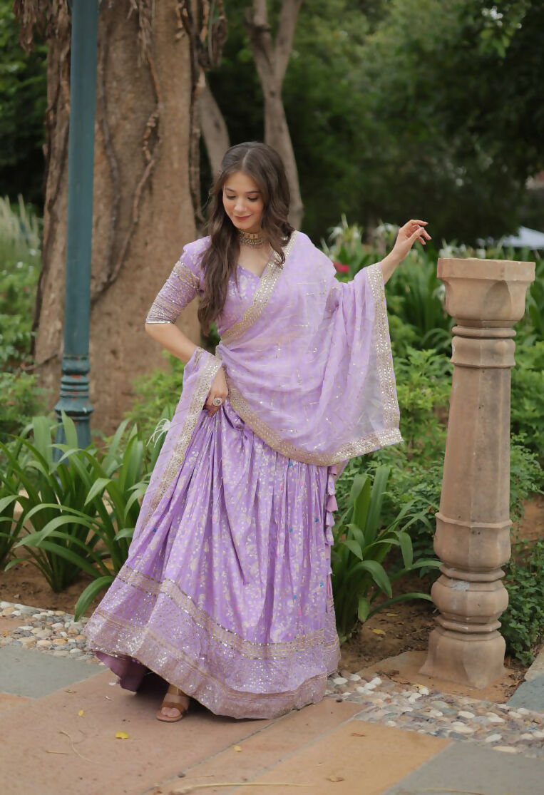 Lorenvalley Lavender Pure Viscose Jacquard with Golden Embroidered Sequins work Lehenga Choli | Swadesiicart