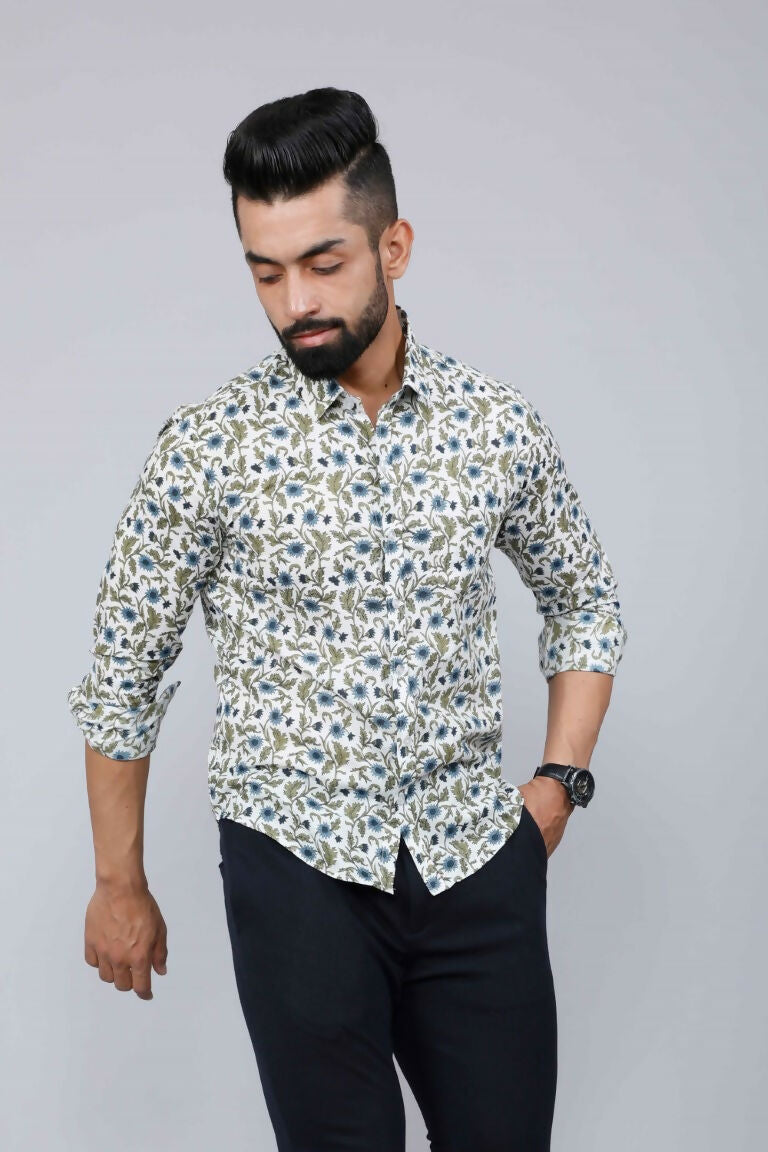 Miravan Men's White & Blue Floral Print Cotton Regular Fit Shirt | Swadesiicart