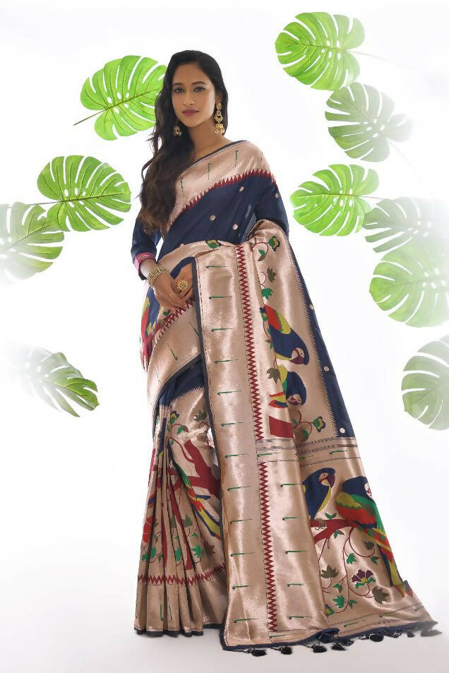 Vishnu Weaves Women's Blue Paithani Silk Zari Woven Saree with Unstitched Blouse - Swadesiicart