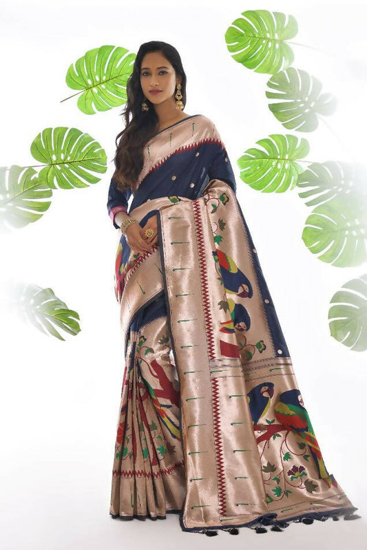 Vishnu Weaves Women's Blue Paithani Silk Zari Woven Saree with Unstitched Blouse - Swadesiicart